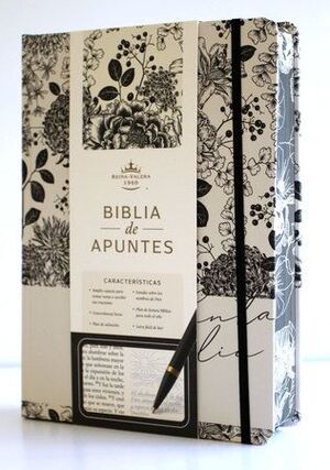 Portada de BIBLIA DE APUNTES RVR 1960 TAPA DURA, BLANCO Y NEGRO CON FLORES (EDICIÓN CANTOS PINTADOS)